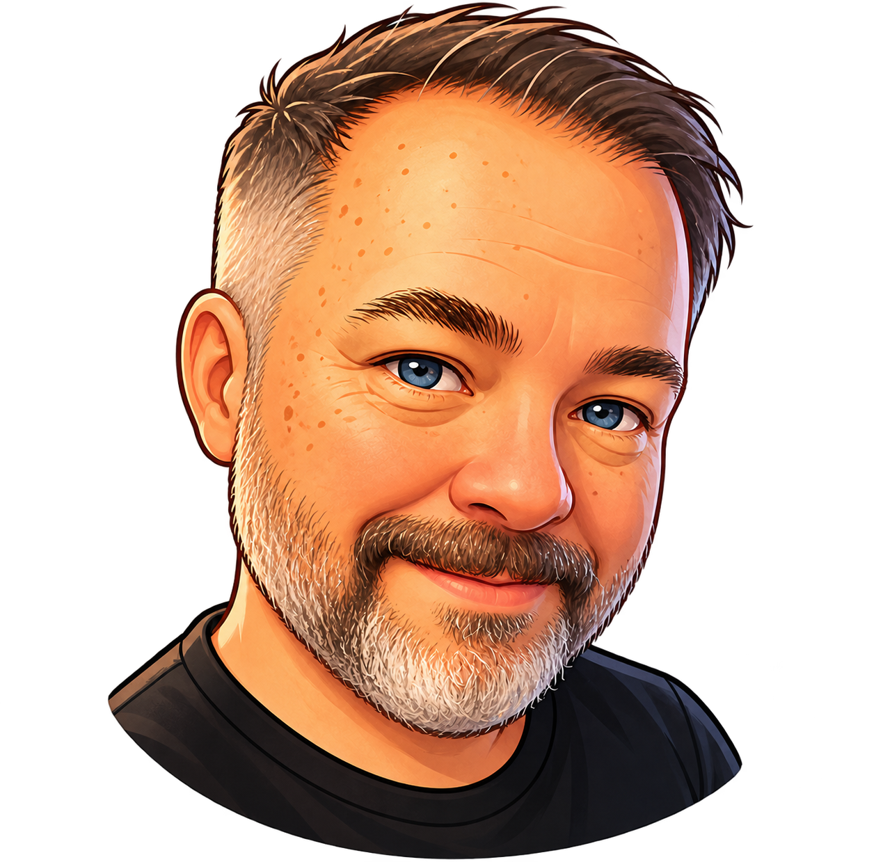 Cartoon portrait of the game's creator